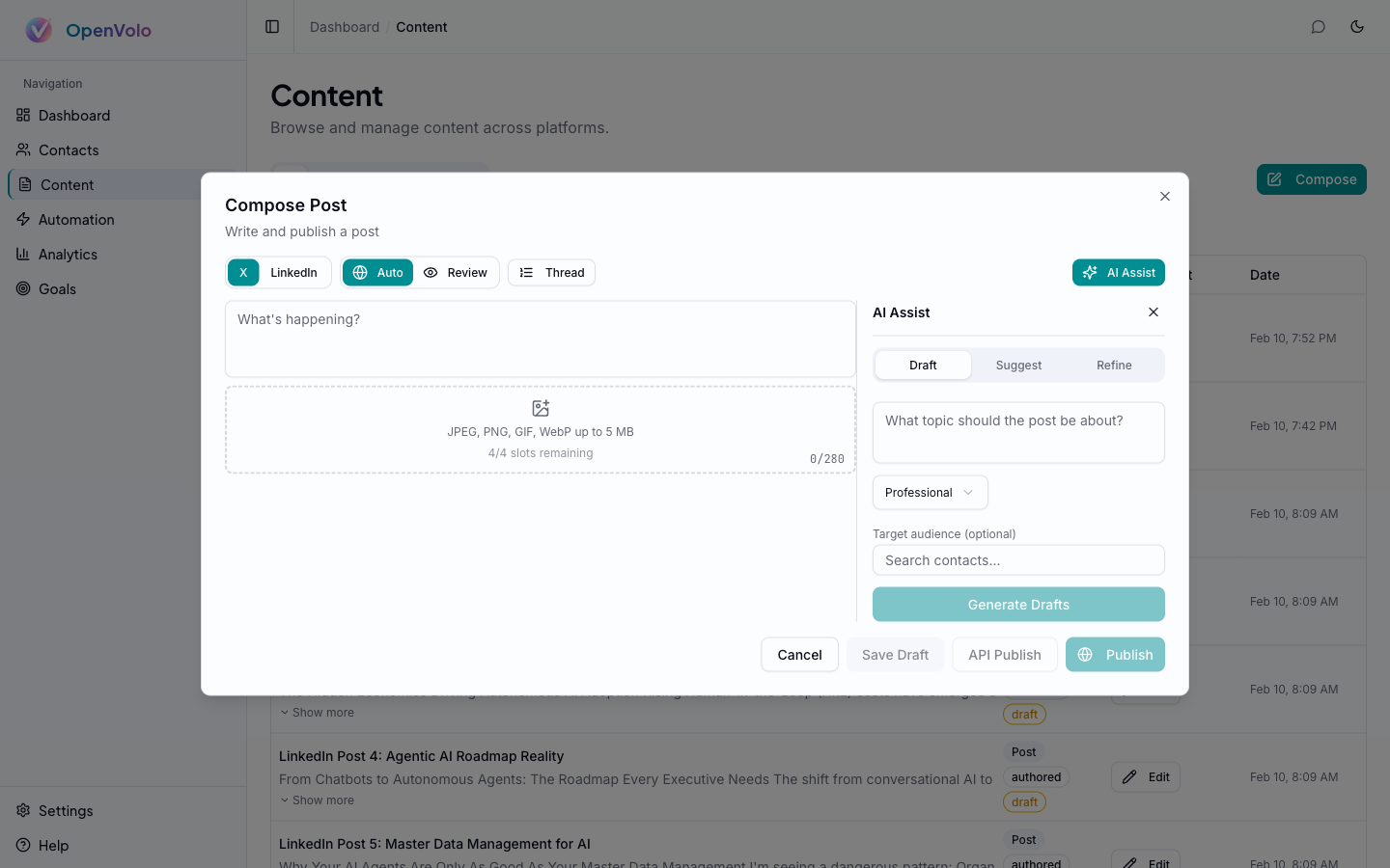 AI Assist panel — generate drafts, get suggestions, refine your writing