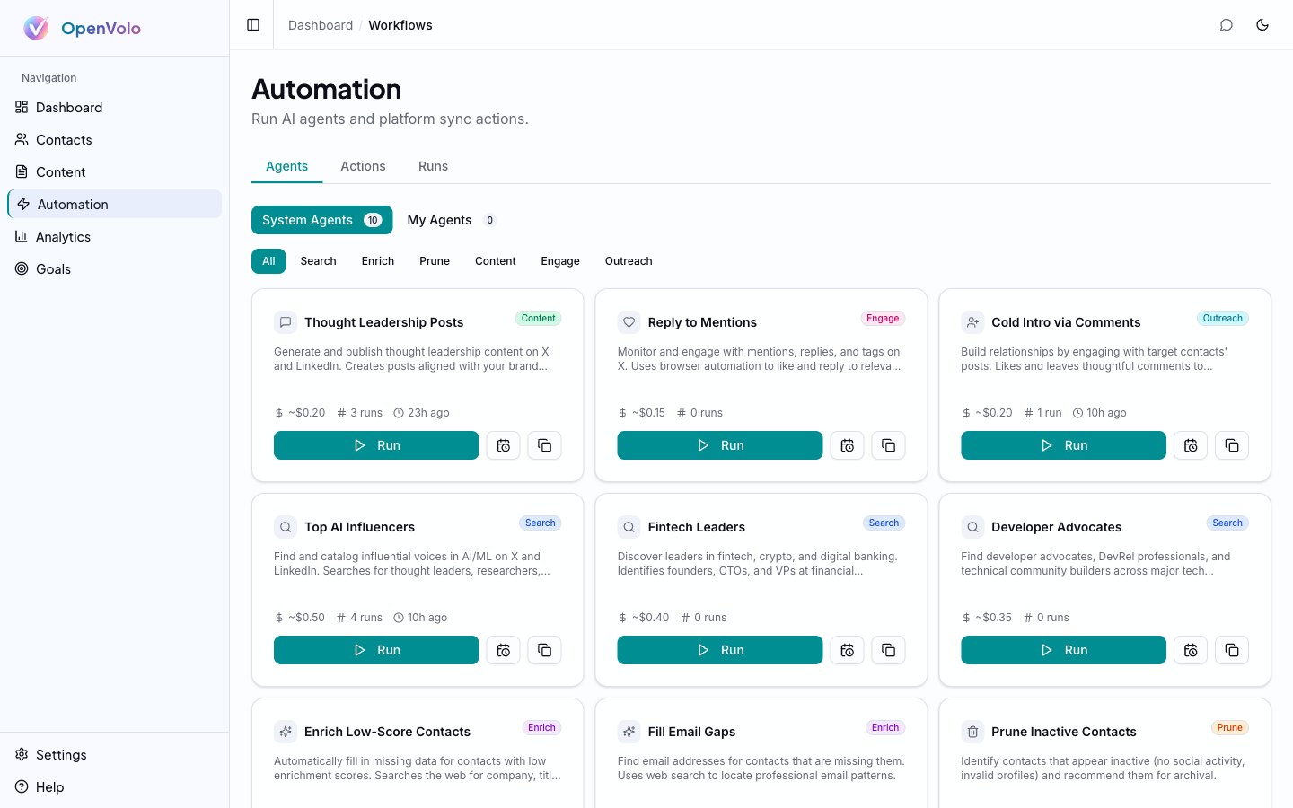 Automation dashboard — agent gallery with Enrich category
