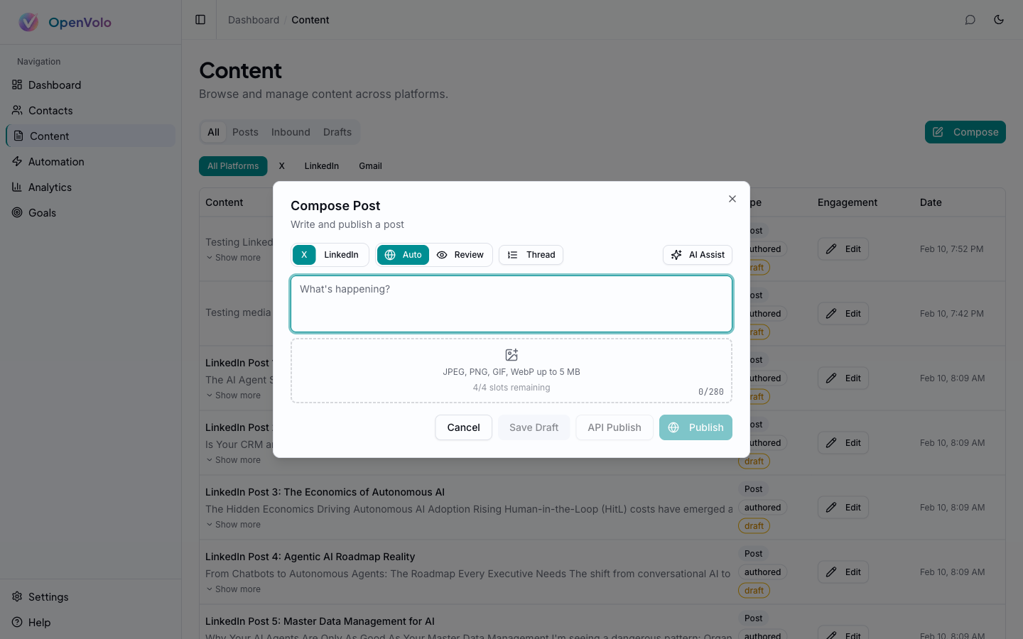 Compose dialog — write and publish posts with platform controls