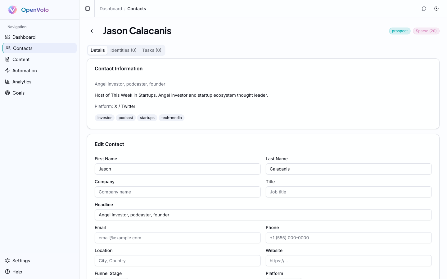 Contact detail — complete profile with identities and tasks