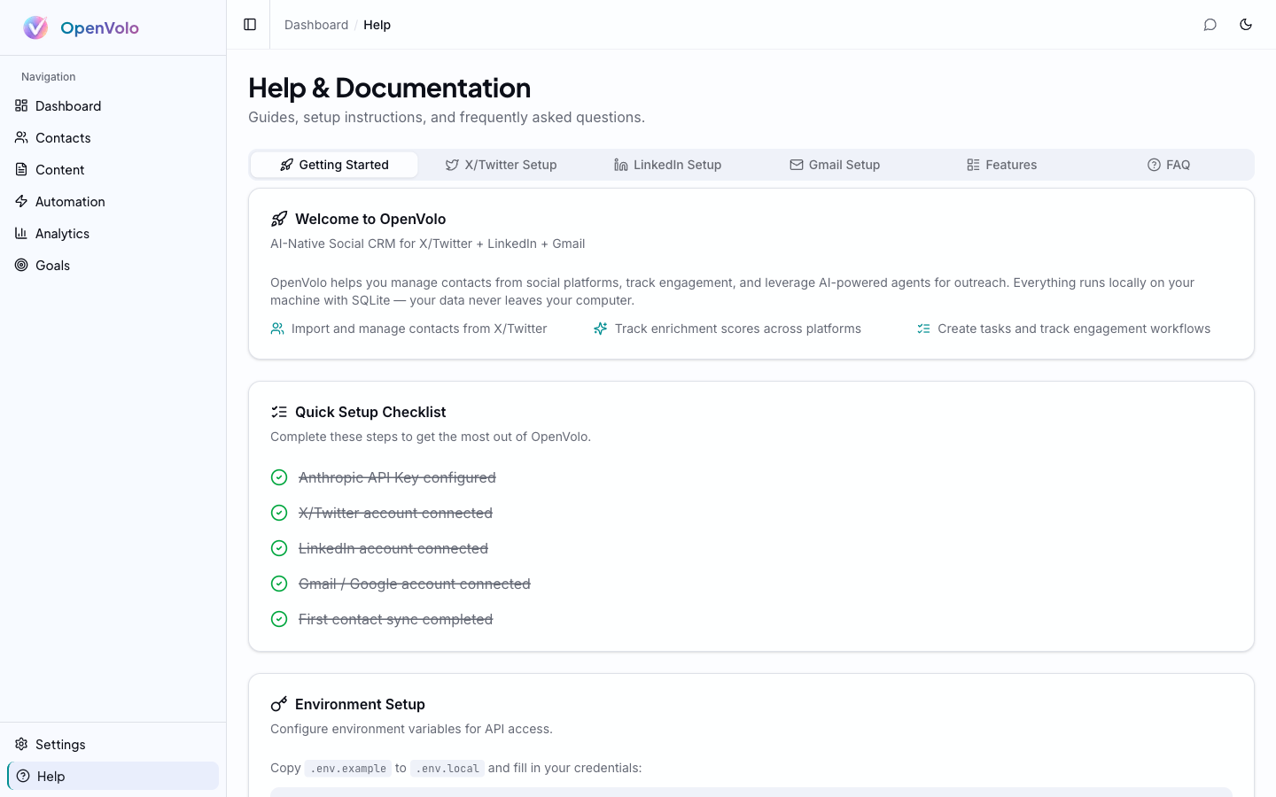 Help page — setup checklist and documentation