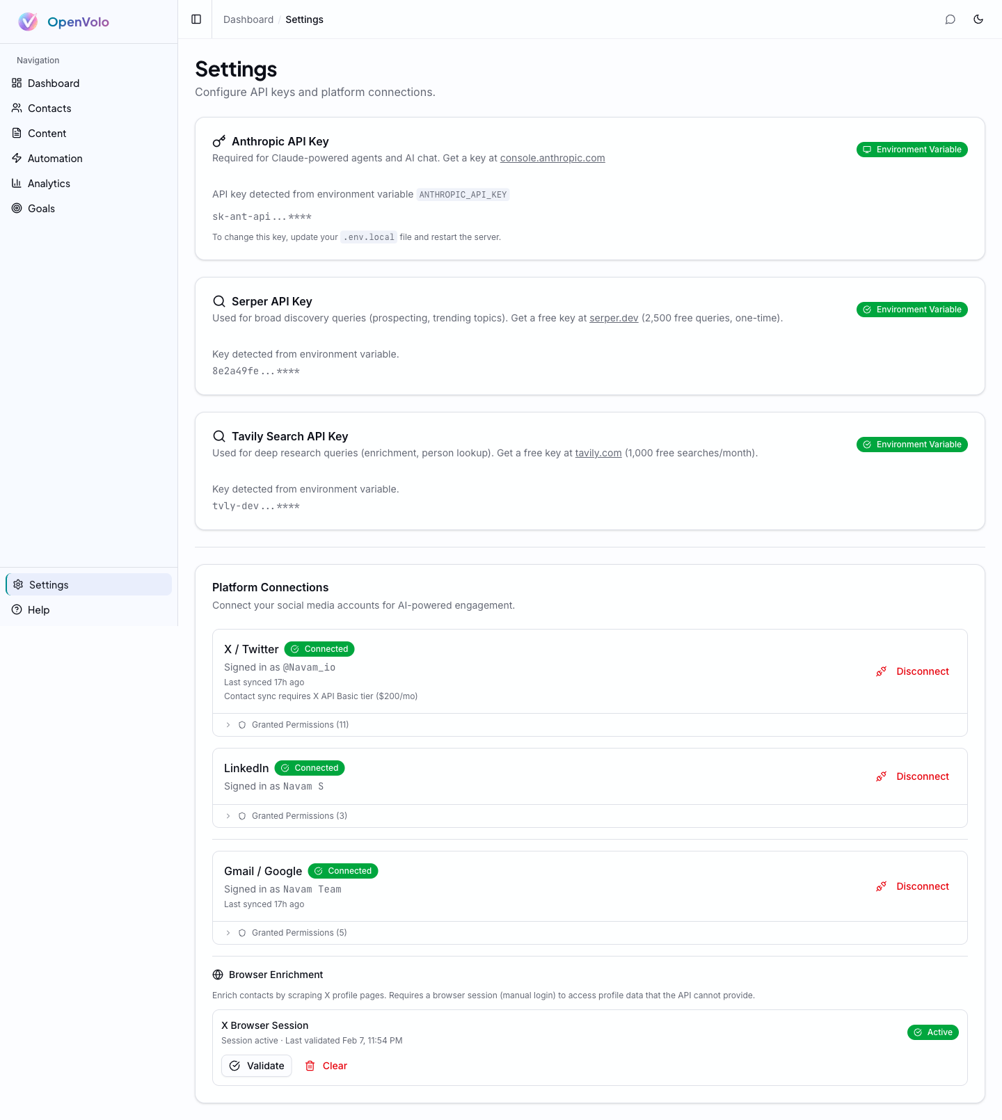 Settings page — API keys and platform connections