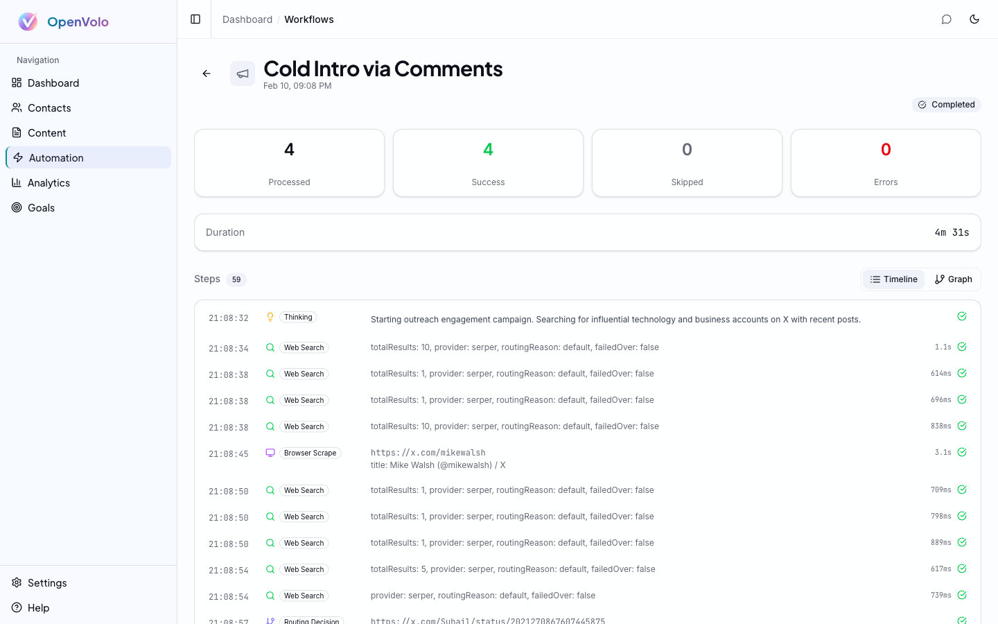 Workflow detail — step-by-step timeline of an agent run